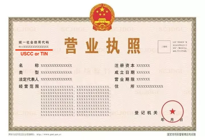 The upper left corner of the Chinese business license is USCC.